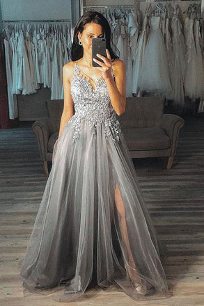 Grey A Line V Neck Long Appliques Tulle Prom Dress INP66