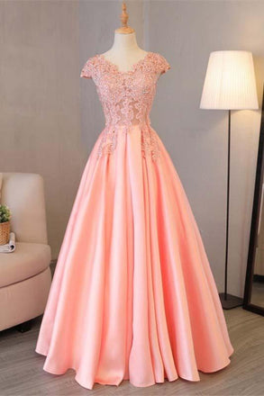 Blush Pink A Line Cap Sleeves Appliques Beaded Long Prom Dresses INJ85
