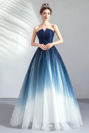 Strapless Ombre A Line  Tulle Prom Dress Long Formal Dresses INQ74