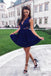 A Line V Neck Royal Blue Lace Appliques Short Homecoming Dresses INM77