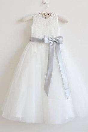 Light Ivory Lace Tulle Sleeveless Long Flower Girl Dress With Silver Sash/Bowss IN214