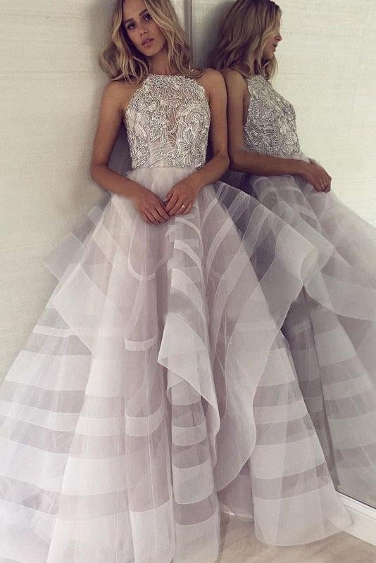Fashion A-Line Crew Backless Lavender Organza Prom Dress with Beading ING20