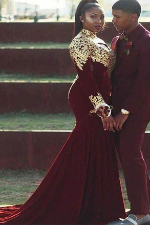 Trumpet/Mermaid High Neck Long Sleeves Applique Burgundy Plus Size Prom Dresses INF40