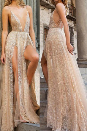 Sexy Lace Spaghetti Straps Backless Long Prom Dress INP67