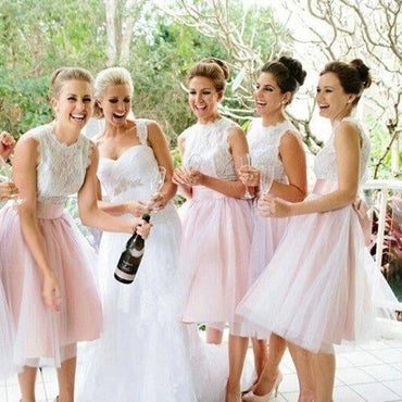 A-Line Light Pink Tulle Knee Length Bridesmaid Dress with Lace ING64