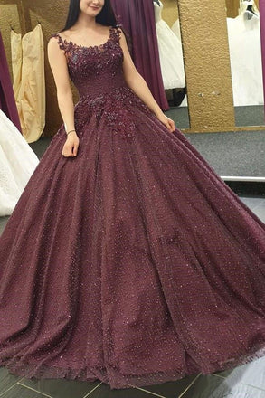 Burgundy Long Formal Ball Gown Prom Dresses With Lace Applique INK52