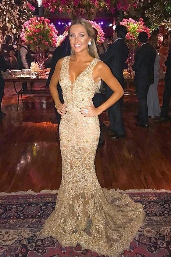 Elegant Mermaid Lace Appliques Long V Neck Prom Dress INE13