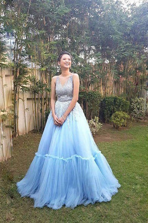 Sky Blue A Line Tulle V Neck Long Prom Gown,Sweet 16 Dress INB25