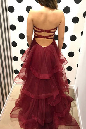 Burgundy Sweetheart Puffy Pleated Ruffles Long Prom Dresses IN938
