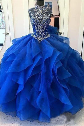 Royal Blue Organza High Neck Quinceanera Dresses Burgundy Beading Prom Dresses INI22