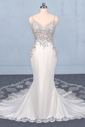 Mermaid Spaghetti Straps Beading Wedding Dress, Elegant Appliques Bridal Dresses INQ15