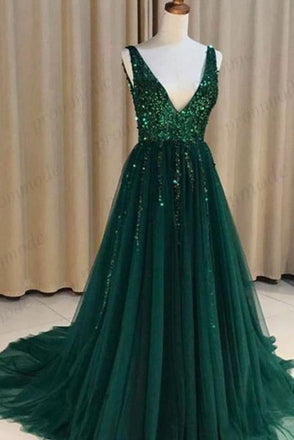 Sexy V-nevk V-back Green Tulle Evening Dresses,Cheap Long A Line Prom Dresses INI54