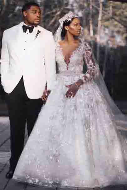 Ball Gown Deep V-Neck Long Sleeves Ivory Wedding Dress with Lace Appliques INE98
