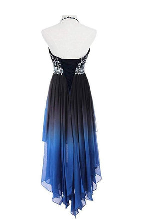 High Low Halter Sleeveless Beading Chiffon Ombre Prom Dress ING77