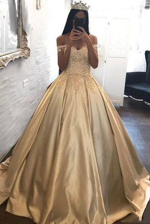 Off the Shoulder Appliques Ball Gown Cheap Prom Dresses INH95