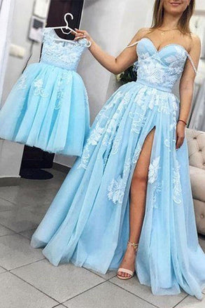 Charming Sweetheart Split Blue Lace Appliques Long Prom Dresses,Pretty Evening Dresses ING18