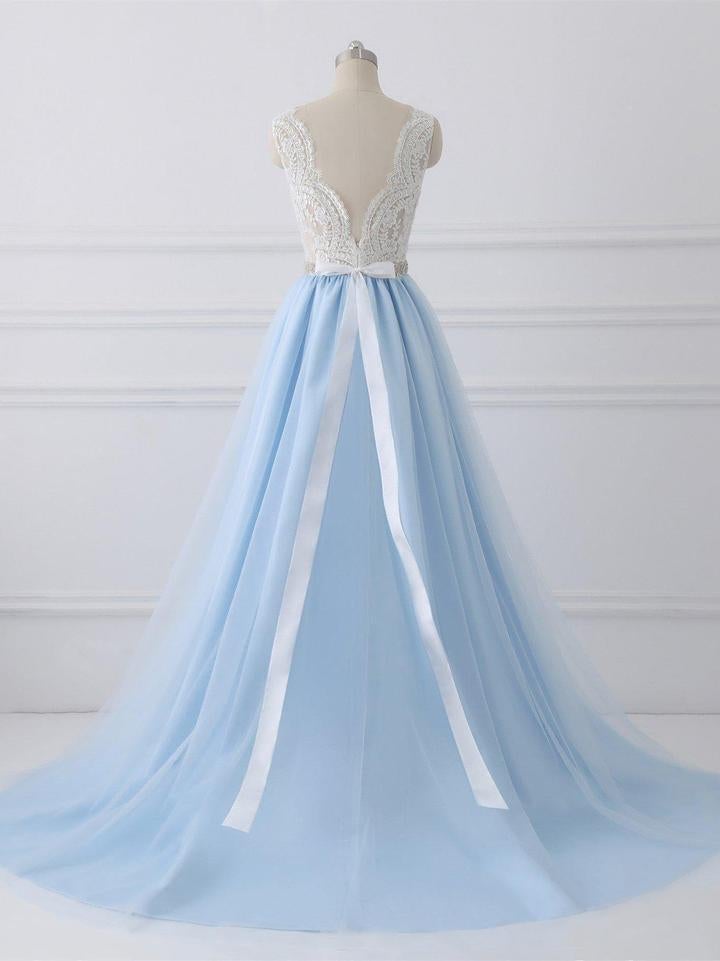 Sky Blue Long V Neck Evening Dress with Beaded Belt,Lace Top Long Prom Dress IN980