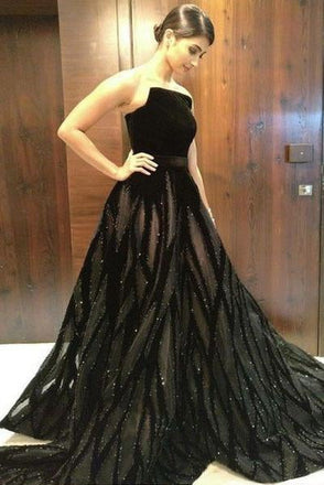 Unique A Line Black Strapless Long Prom Dresses With Beading INF50