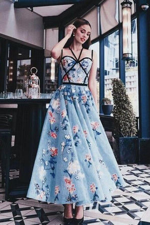 Chic Blue Floral Printed A Line Long Prom Dress Pretty Party Dress ING19