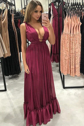 Sexy A-Line V-Neck Pleated Burgundy Chiffon Prom Party Dress INF8