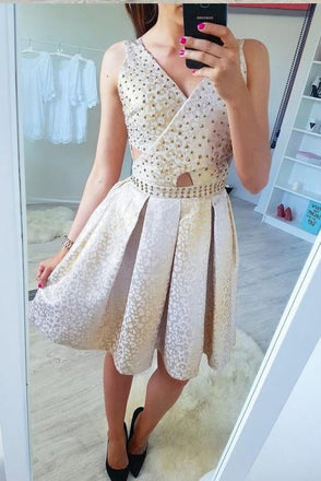 A-Line V-Neck Mini Cheap Homecoming Dress with Beading,Sweet 16 Dresses INB83