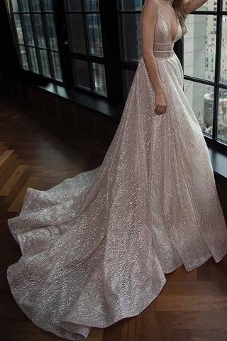 Modest A-line Silver Tulle V-Neck Rhinestone Prom Evening Dress Party Dress IN580