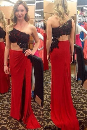 Black Lace One Shoulder Red Sexy Prom Dress,Long Party Dresses INE54