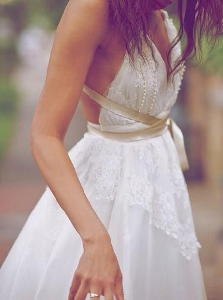Sexy Boho V-Neck Backless Floor Length Lace Wedding Dress with Sash INB04