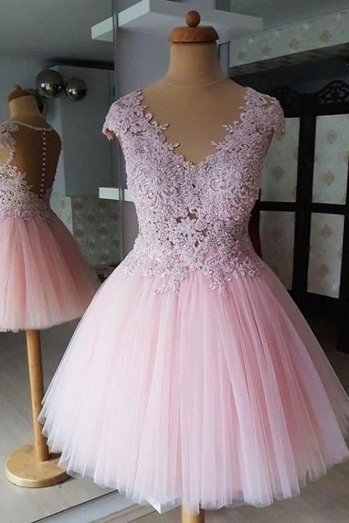 Pink V Neck Lace Appliques Homecoming Dress, A-Line Short Prom Dress INO69
