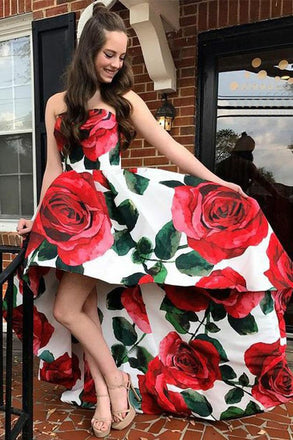 Unique Strapless Floral Satin High low Long Prom Dresses with Pockets, INM68