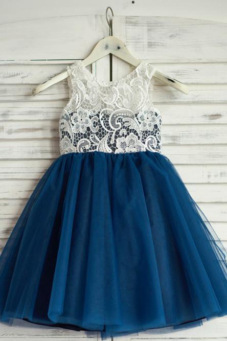 A-Line Round Neck Navy Blue Tulle Flower Girl Dress with Lace INP18