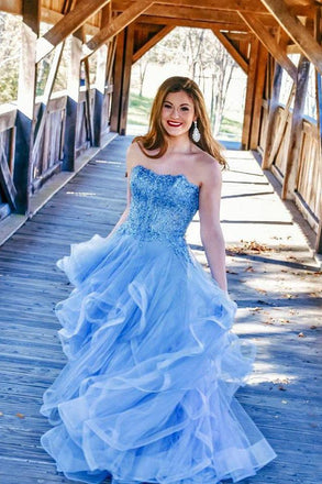 Charming Strapless Blue Ruffles Long Prom Dress with Appliques INL9