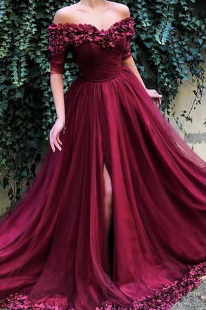 Burgundy Off the Shoulder Maroon A Line Long Tulle Pom Dresses 2019 ING91