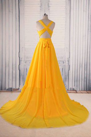 Yellow A Line V Neck Criss Cross Back Chiffon Long Prom Dress INB58