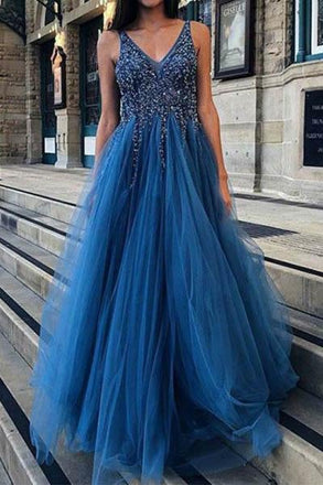 Cheap A Line Tulle Blue V Neck Beaded Long Prom Dresses INH24