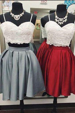 Sexy Two Piece Gray Burgundy Short Homecoming Dresses With Lace Top INO77
