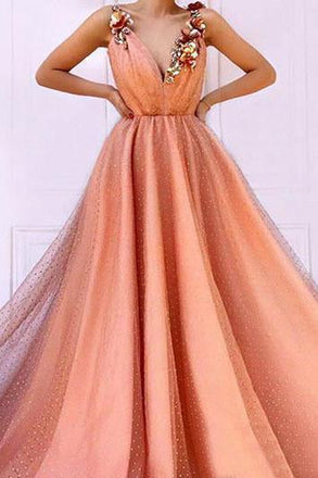 Orange 3D Flowers Long Prom Dresses V-neck Tulle Evening Dress INO85