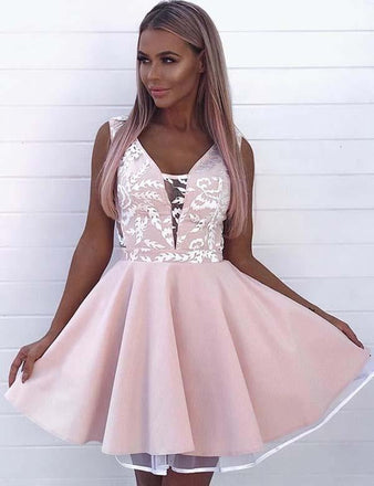 Fashion A Line V Neck Sleeveless Pink Appliques Short Homecoming Dress IND83