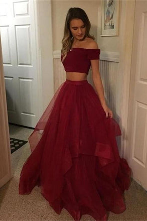 Cheap 2 Pieces Simple Long Burgundy A Line Off The Shoulder Prom Dresses INE62