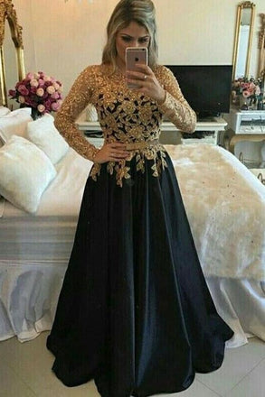 Modest Black And Gold Long A-line Long Sleeves Lace Prom Gowns,Evening Dresses INF14