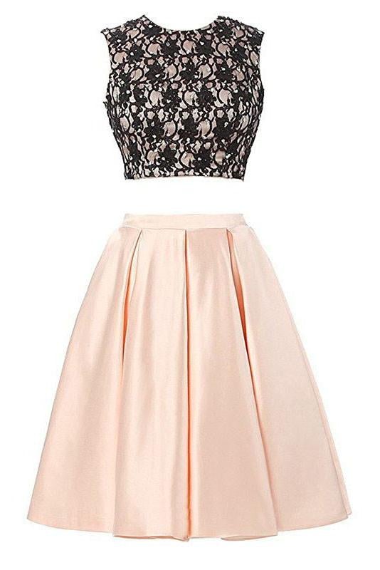 Two Pieces A-line Black Lace Satin Short/Mini Open Back Homecoming Dresses IN229