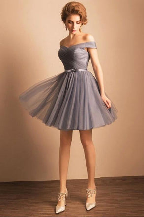 Grey A-line Princess Short Off the shoulder Pleated Homecoming Dress INA59