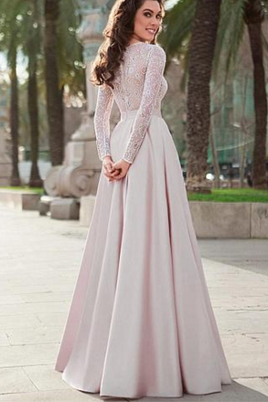 Lace Top Satin Jewel Neckline Long Sleeves A-line Prom Dress Evening Dress IN890