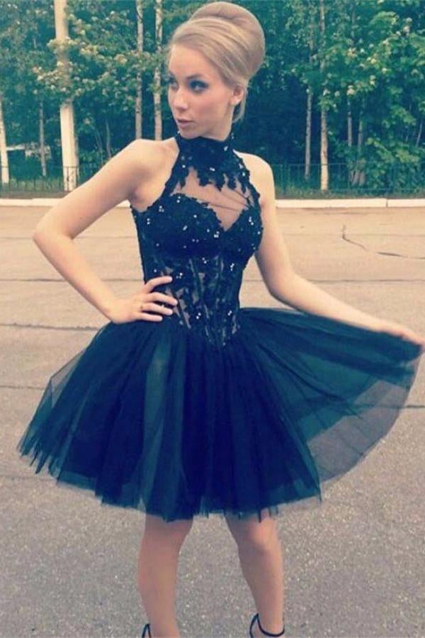 Cheap Lace Tulle High Neck Black Homecoming Dress, Short Prom Dresses OKC25