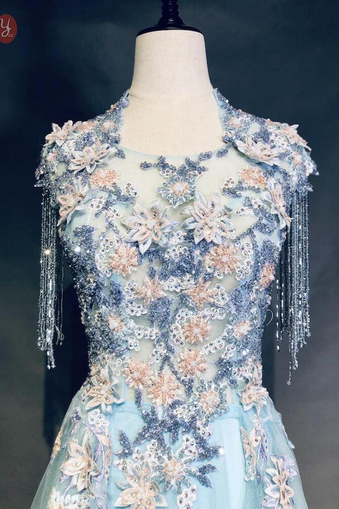 Light Blue Cap Sleeves Prom Dress with Beading, Formal Evening Dress INN42