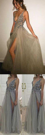 Backless Rhinestone tulle Deep V-neck Sexy prom dress online, Long Split Prom Dress IN157
