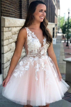 See Through Lace Appliqued Homecoming Dresses V Neck Short Hoco Dress INO13