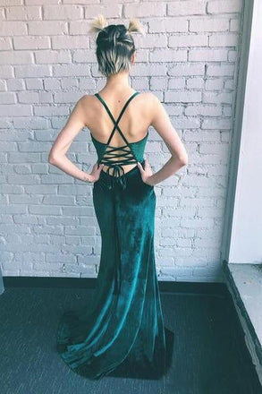 Sheath Emerald Green Spaghetti Straps Long Simple Prom Dresses with Slit INI61