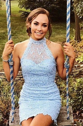 Light Blue Lace Beadsed Tight Homecoming Dresses, Sexy Sheath Short Cocktail Dress INM29