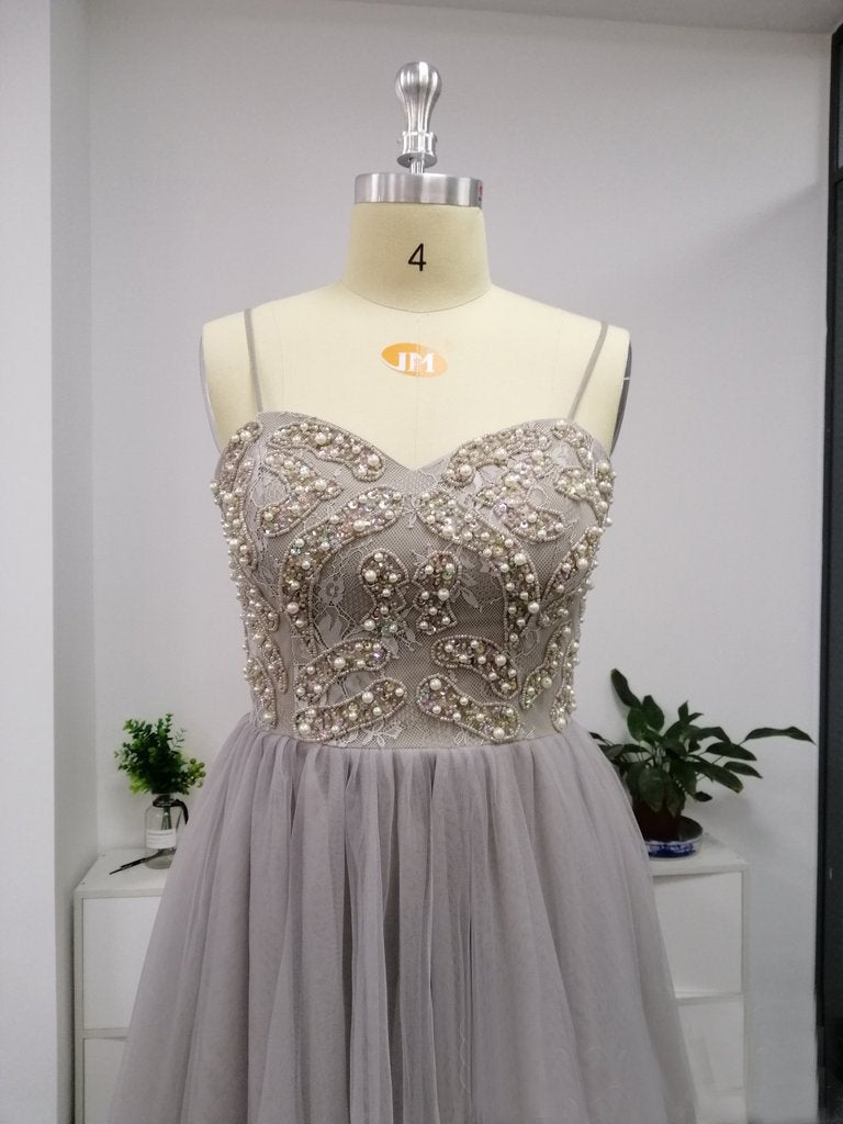 Silver Spaghetti Straps Beaded Bodice Tulle A Line Prom Dress INS82